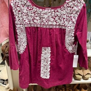 NWT J. Marie Blouse Maroon with White Embroidery